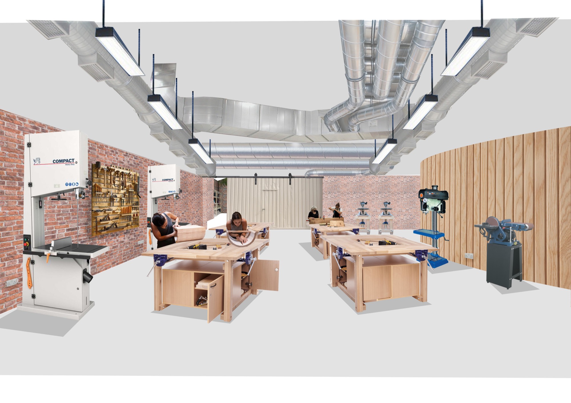 Workshop interior render with timber benches, brick walls and specialist equipment