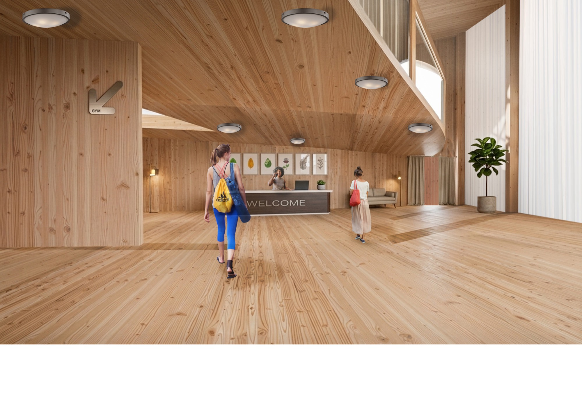 Warm timber reception interior with welcome desk and high vaulted ceiling